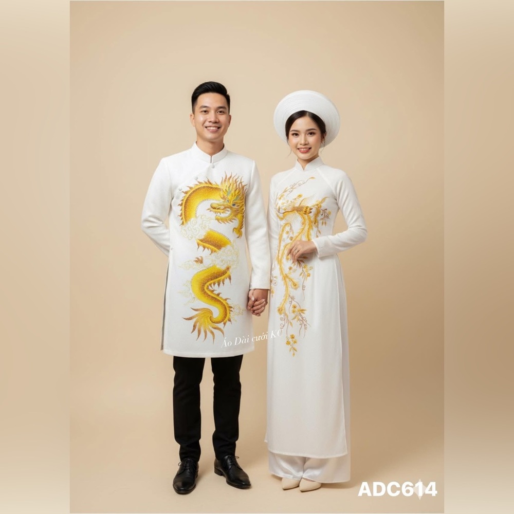 Elegant White and Gold Dragon Ao Dai Set